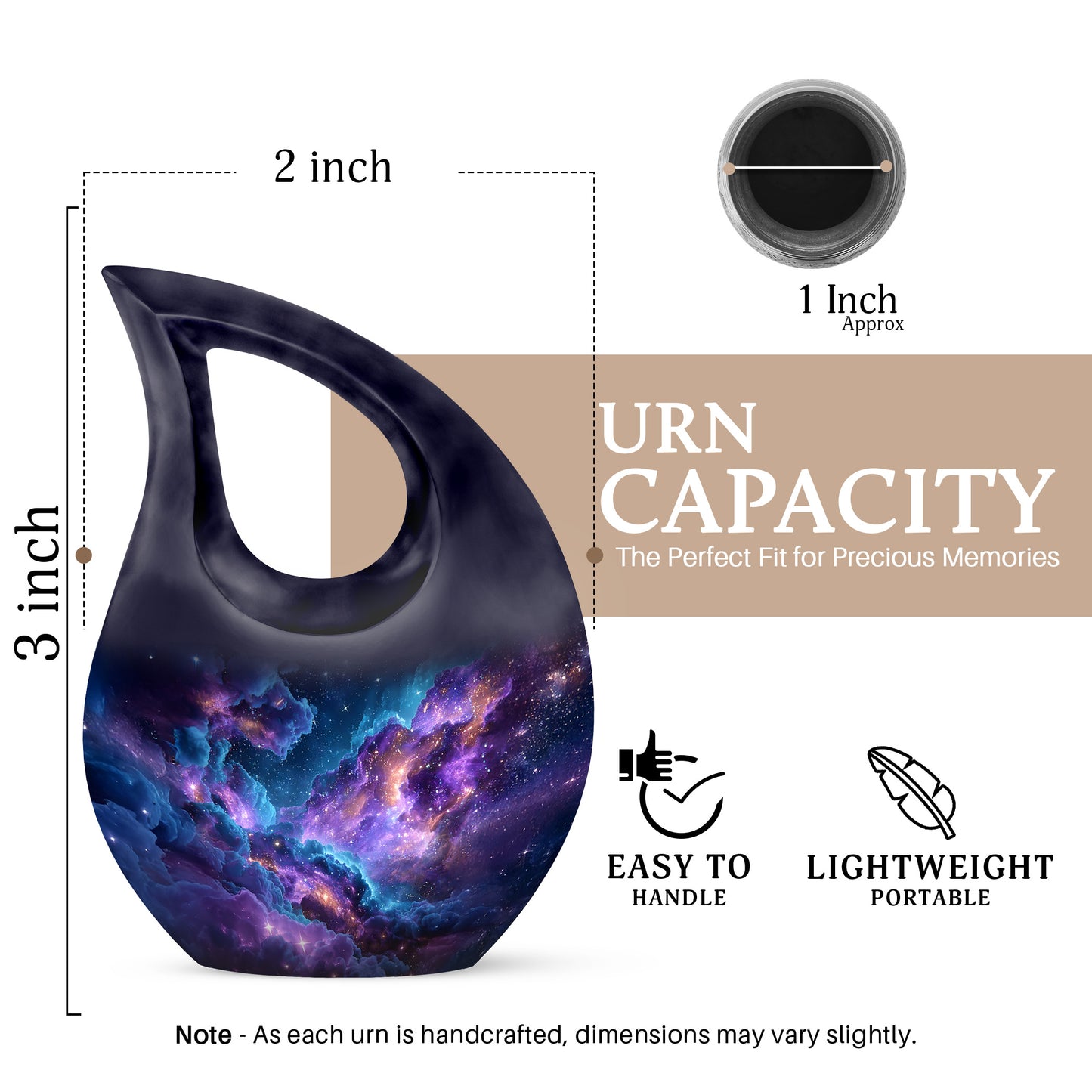Slate Blue Galaxy Cremation Urn back view with polished surface - cross and galaxy combined in spiritual memorial design - mini keepsake memorial for portion of cremation ashes