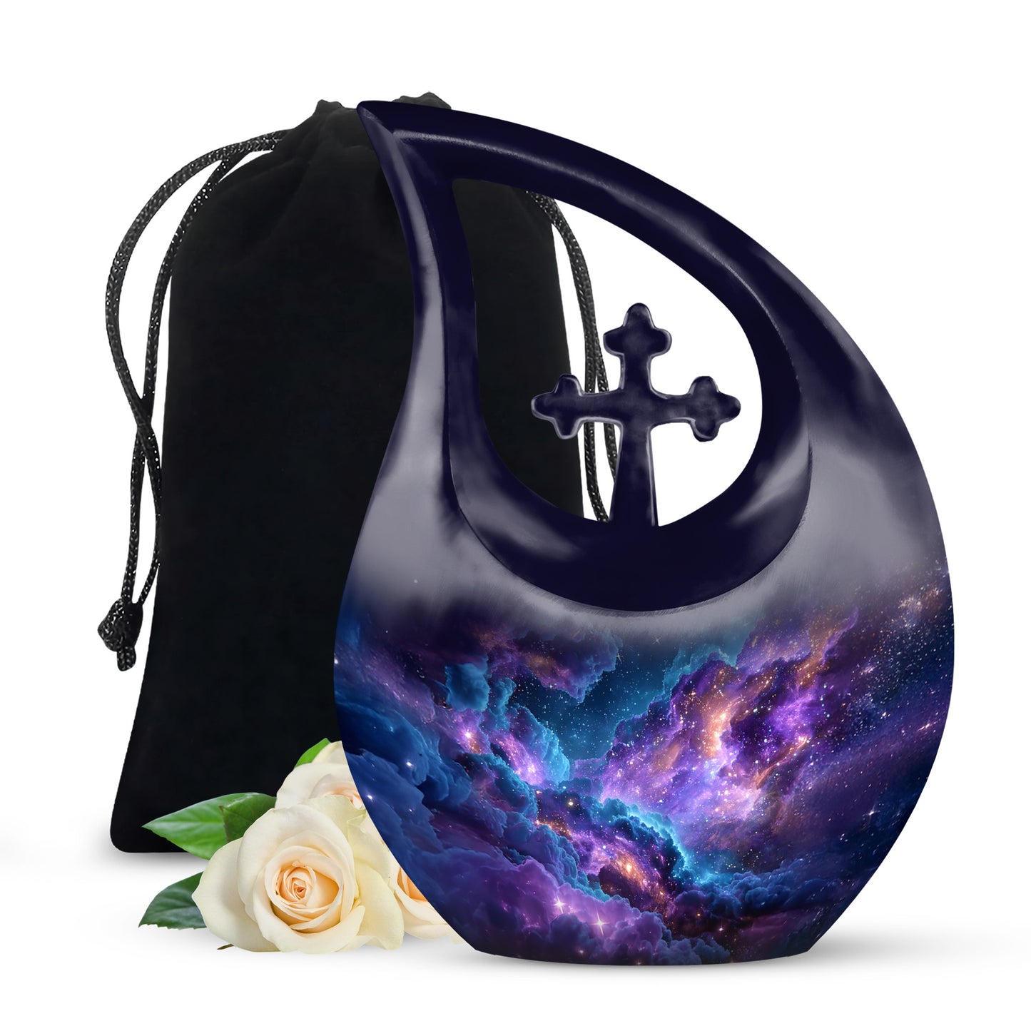 Calming Blue Galaxy Cremation Urn top-down view of secure threaded lid - devotional cross-drop galaxy engraving - full-size 10 inch 200 cubic inch adult cremation urn