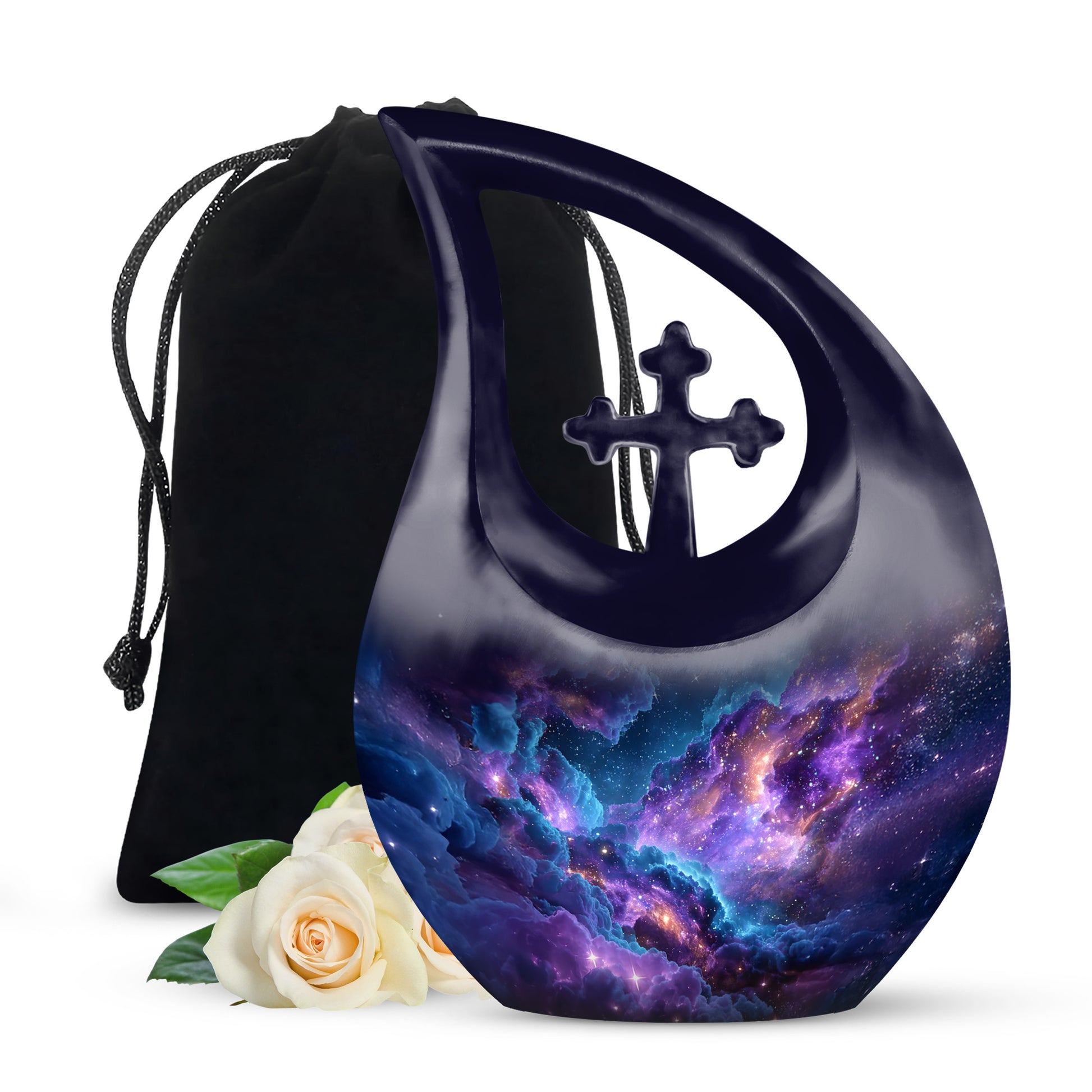 Calming Blue Galaxy Cremation Urn top-down view of secure threaded lid - devotional cross-drop galaxy engraving - full-size 10 inch 200 cubic inch adult cremation urn