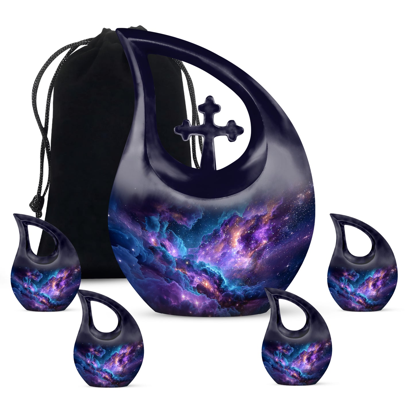 Azure Galaxy Cremation Urn urn with complimentary velvet bag - sacred cross merged with galaxy motif on metal - memorial set with one large and four small urns