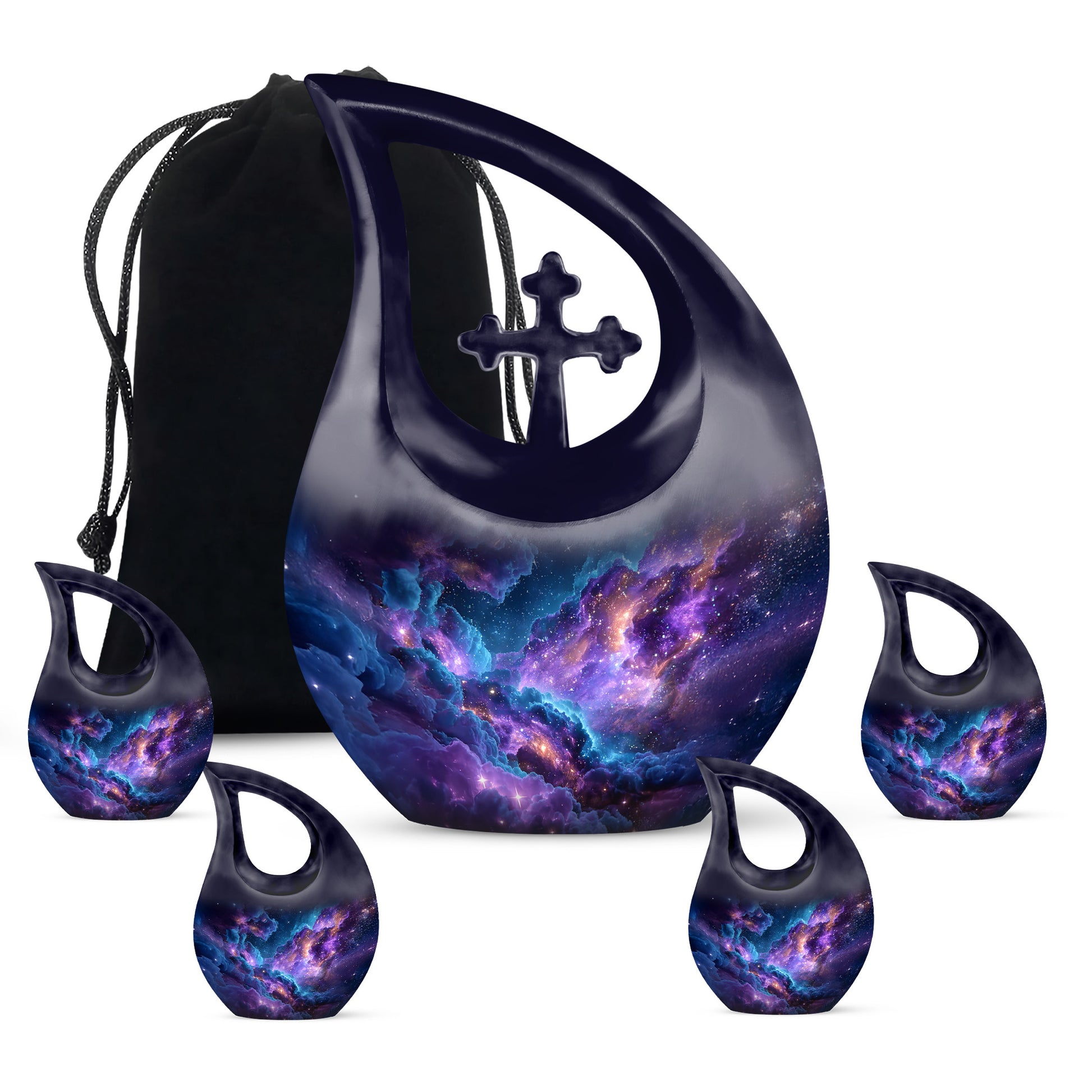 Azure Galaxy Cremation Urn urn with complimentary velvet bag - sacred cross merged with galaxy motif on metal - memorial set with one large and four small urns