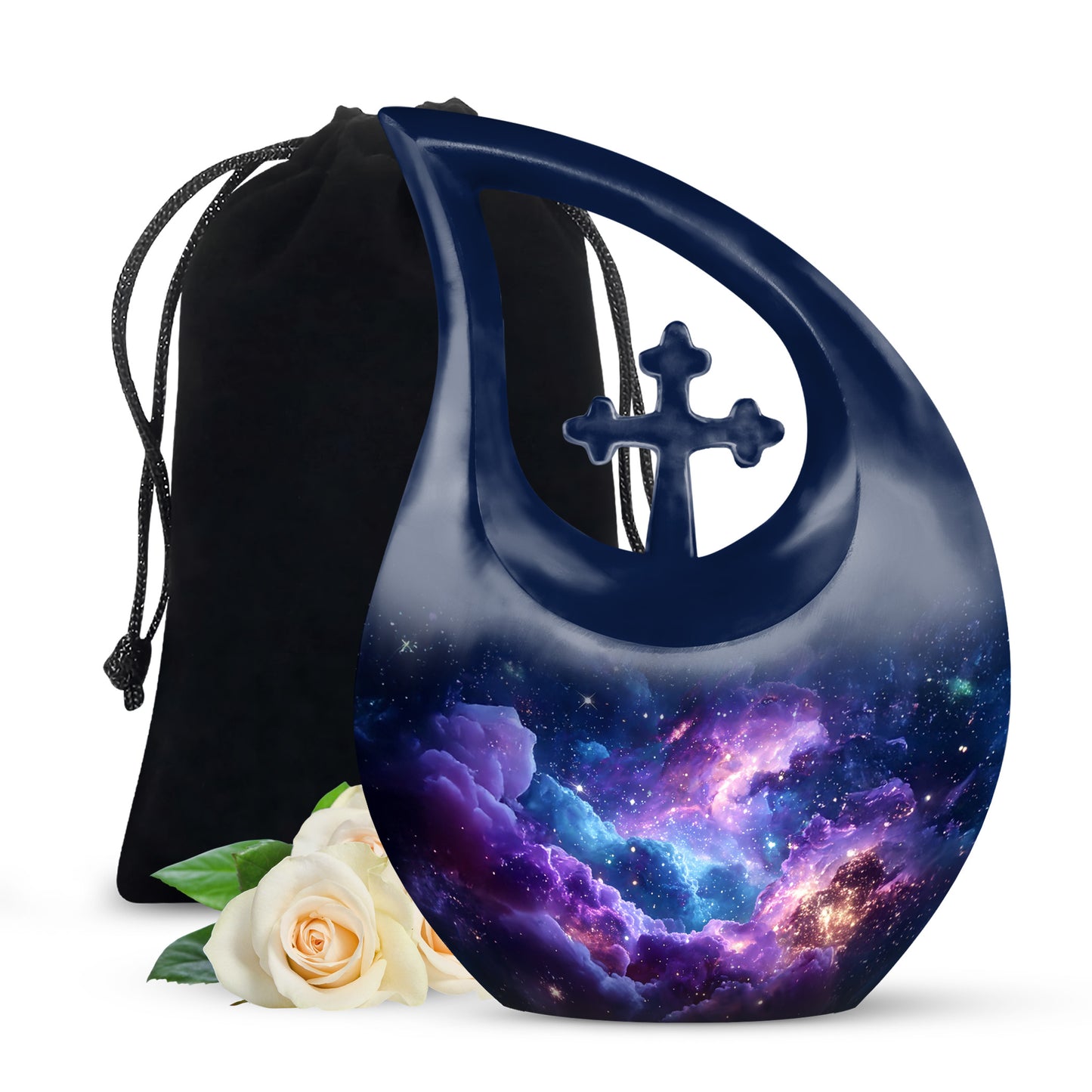 Royal Blue Galaxy Cremation Urn top-down view of secure threaded lid - devotional cross-drop galaxy engraving - full-size 10 inch 200 cubic inch adult cremation urn