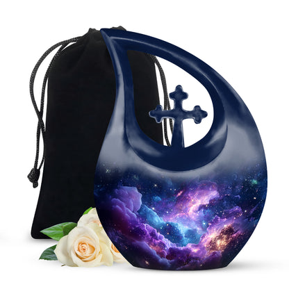 Royal Blue Galaxy Cremation Urn top-down view of secure threaded lid - devotional cross-drop galaxy engraving - full-size 10 inch 200 cubic inch adult cremation urn