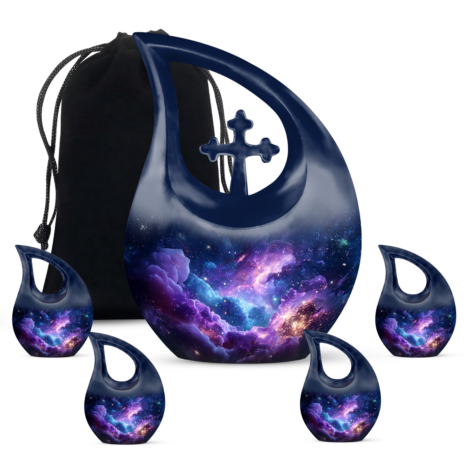 Soft Blue Galaxy Cremation Urn urn with complimentary velvet bag - devotional cross-drop galaxy engraving - memorial set with one large and four small urns