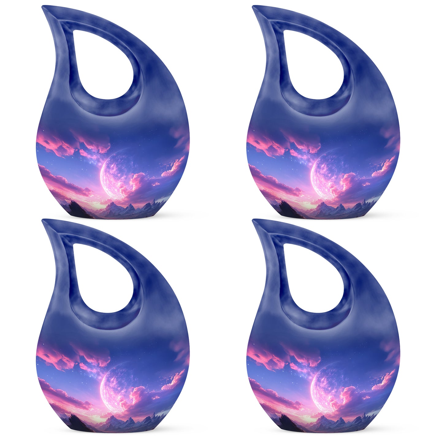 Azure Galaxy Cremation Urn lifestyle display on memorial shelf - cross and galaxy combined in spiritual memorial design - 10 inch aluminum urn for cremated remains