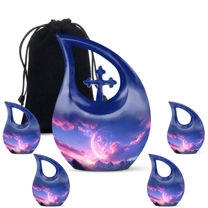 Serene Blue Galaxy Cremation Urn urn with complimentary velvet bag - devotional cross-drop galaxy engraving - memorial set with one large and four small urns
