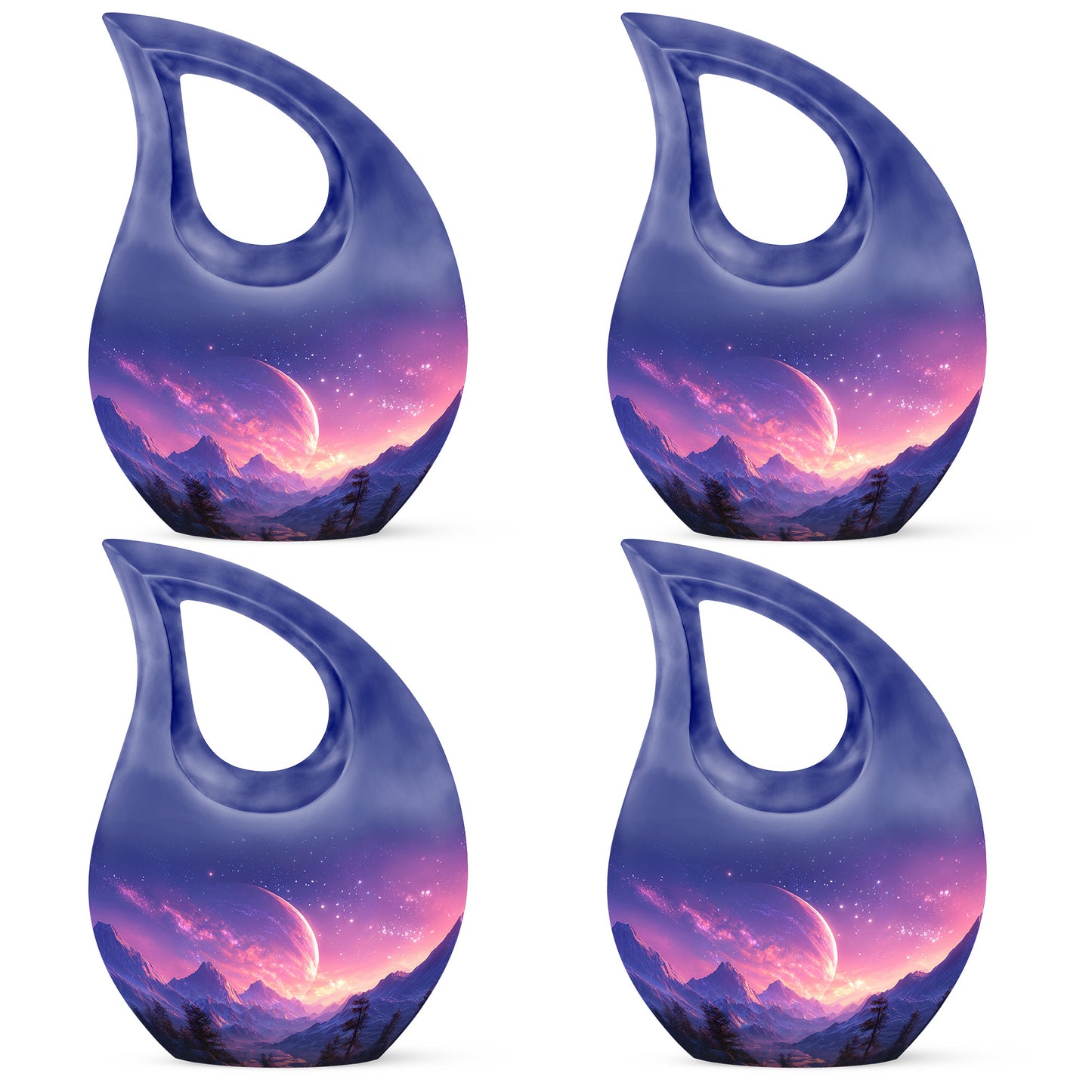 Soft Blue Galaxy Cremation Urn lifestyle display on memorial shelf - faith-inspired cross-drop urn with galaxy pattern - 10 inch aluminum urn for cremated remains