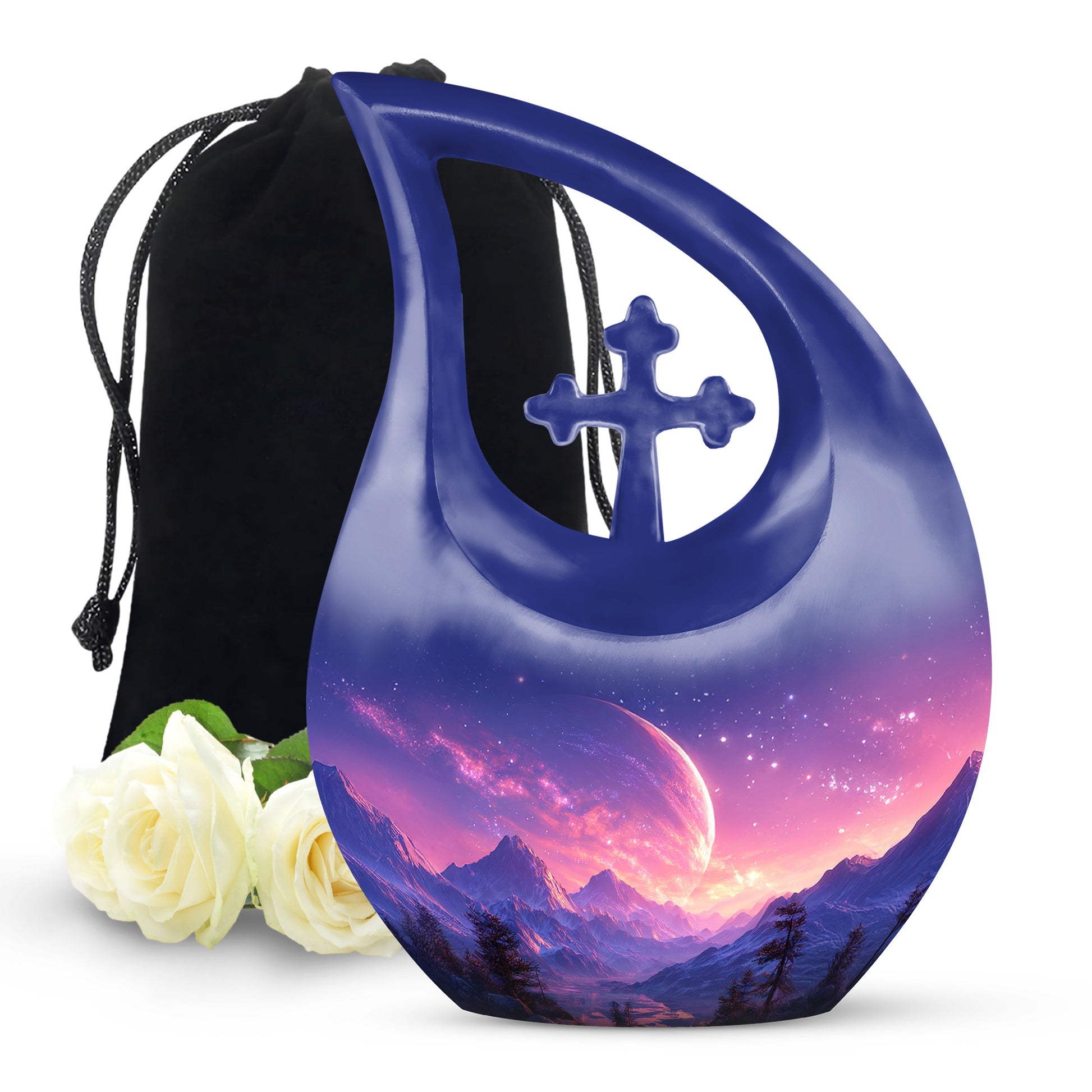 Royal Blue Galaxy Cremation Urn top-down view of secure threaded lid - devotional cross-drop galaxy engraving - full-size 10 inch 200 cubic inch adult cremation urn