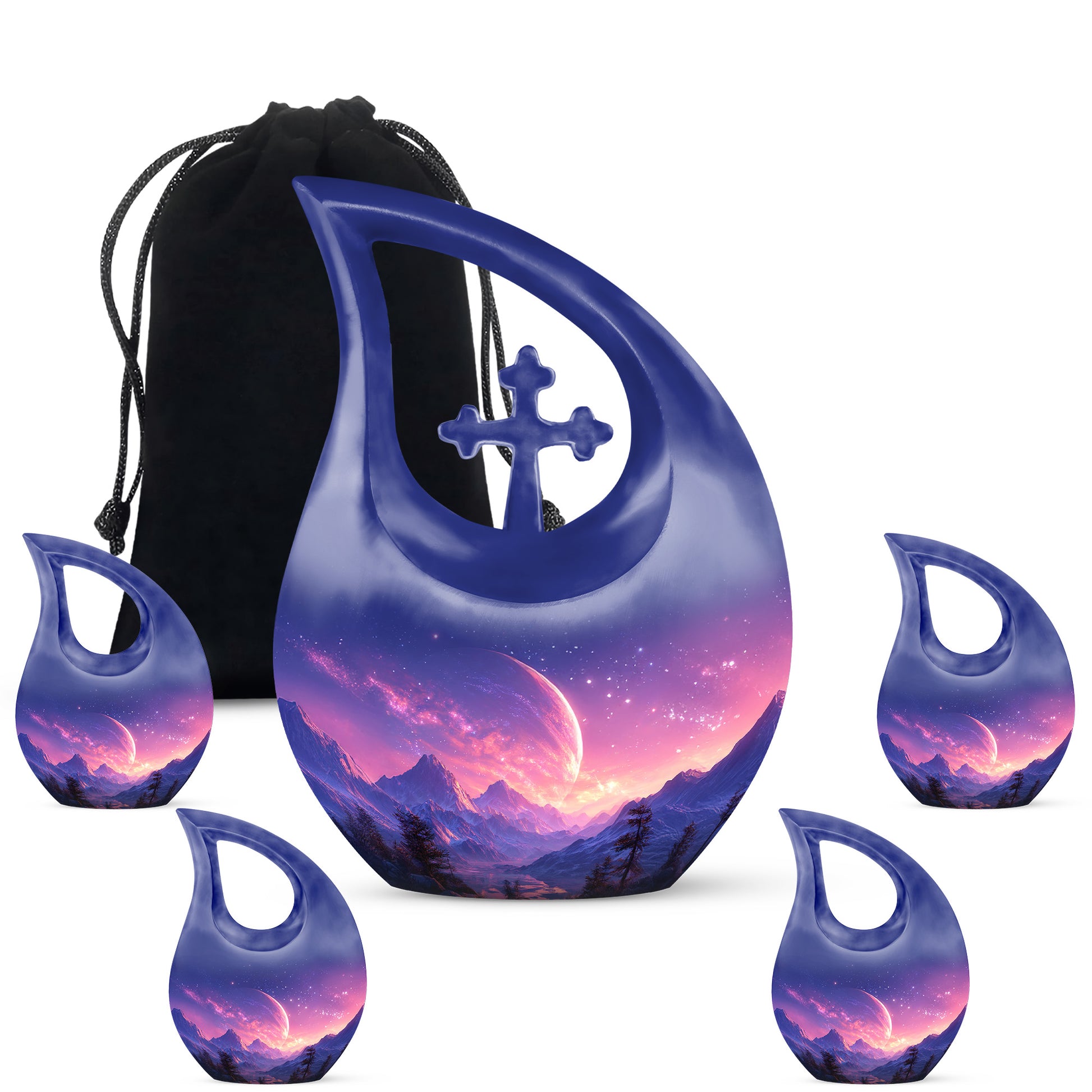 Bright Blue Galaxy Cremation Urn urn with complimentary velvet bag - faith-inspired cross-drop urn with galaxy pattern - memorial set with one large and four small urns