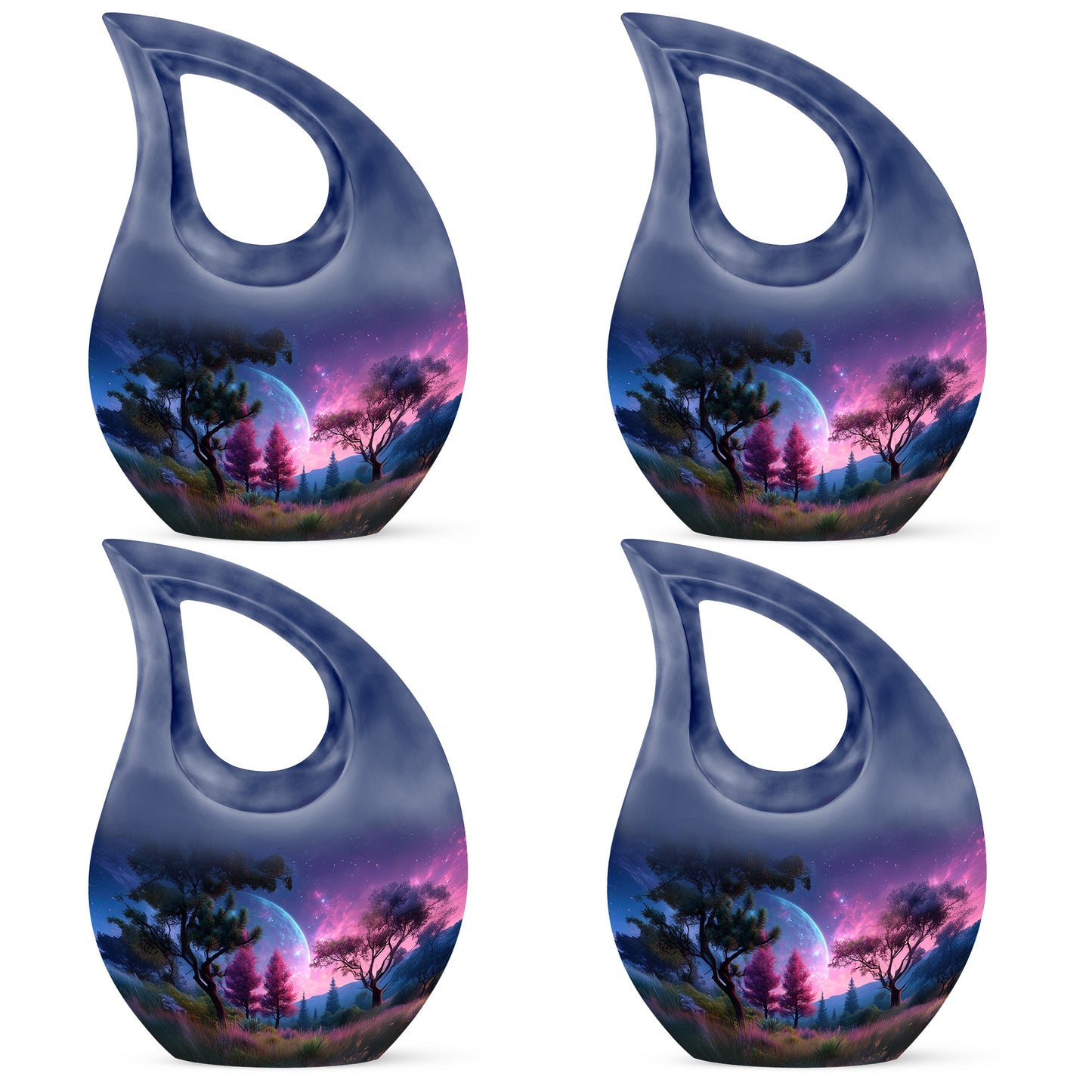 Misty Blue Galaxy Cremation Urn lifestyle display on memorial shelf - cross and galaxy combined in spiritual memorial design - 10 inch aluminum urn for cremated remains