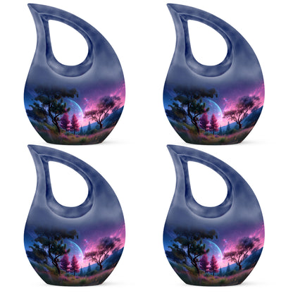 Misty Blue Galaxy Cremation Urn lifestyle display on memorial shelf - cross and galaxy combined in spiritual memorial design - 10 inch aluminum urn for cremated remains