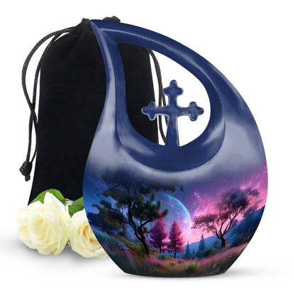 Steel Blue Galaxy Cremation Urn top-down view of secure threaded lid - devotional cross-drop galaxy engraving - full-size 10 inch 200 cubic inch adult cremation urn