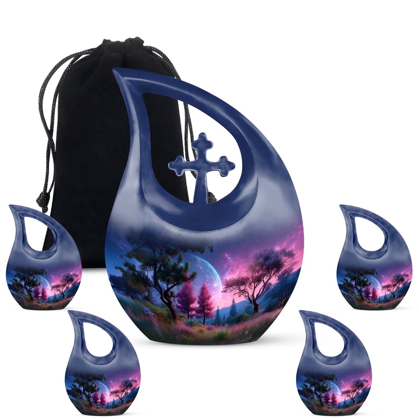 Sapphire Blue Galaxy Cremation Urn urn with complimentary velvet bag - devotional cross-drop galaxy engraving - memorial set with one large and four small urns