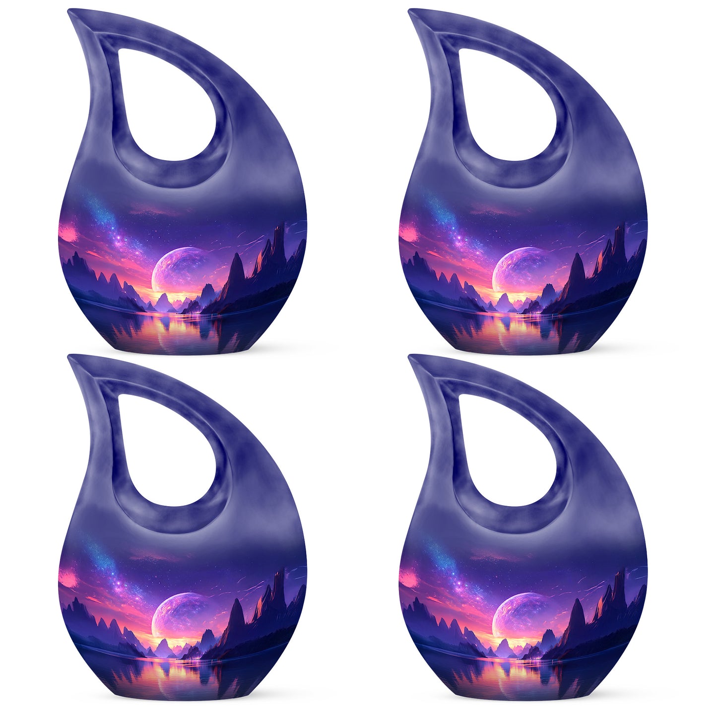Bright Blue Galaxy Cremation Urn lifestyle display on memorial shelf - faith-inspired cross-drop urn with galaxy pattern - 10 inch aluminum urn for cremated remains