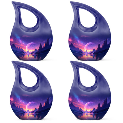 Bright Blue Galaxy Cremation Urn lifestyle display on memorial shelf - faith-inspired cross-drop urn with galaxy pattern - 10 inch aluminum urn for cremated remains