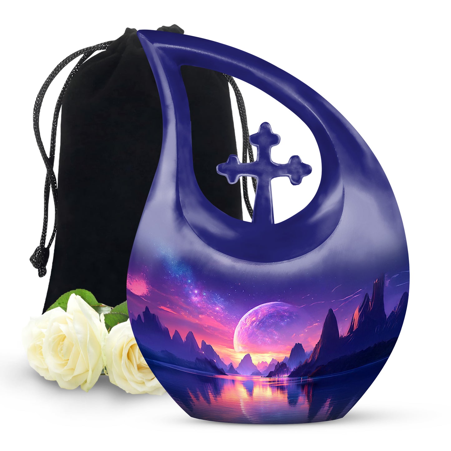 Bright Blue Galaxy Cremation Urn top-down view of secure threaded lid - faith-inspired cross-drop urn with galaxy pattern - full-size 10 inch 200 cubic inch adult cremation urn