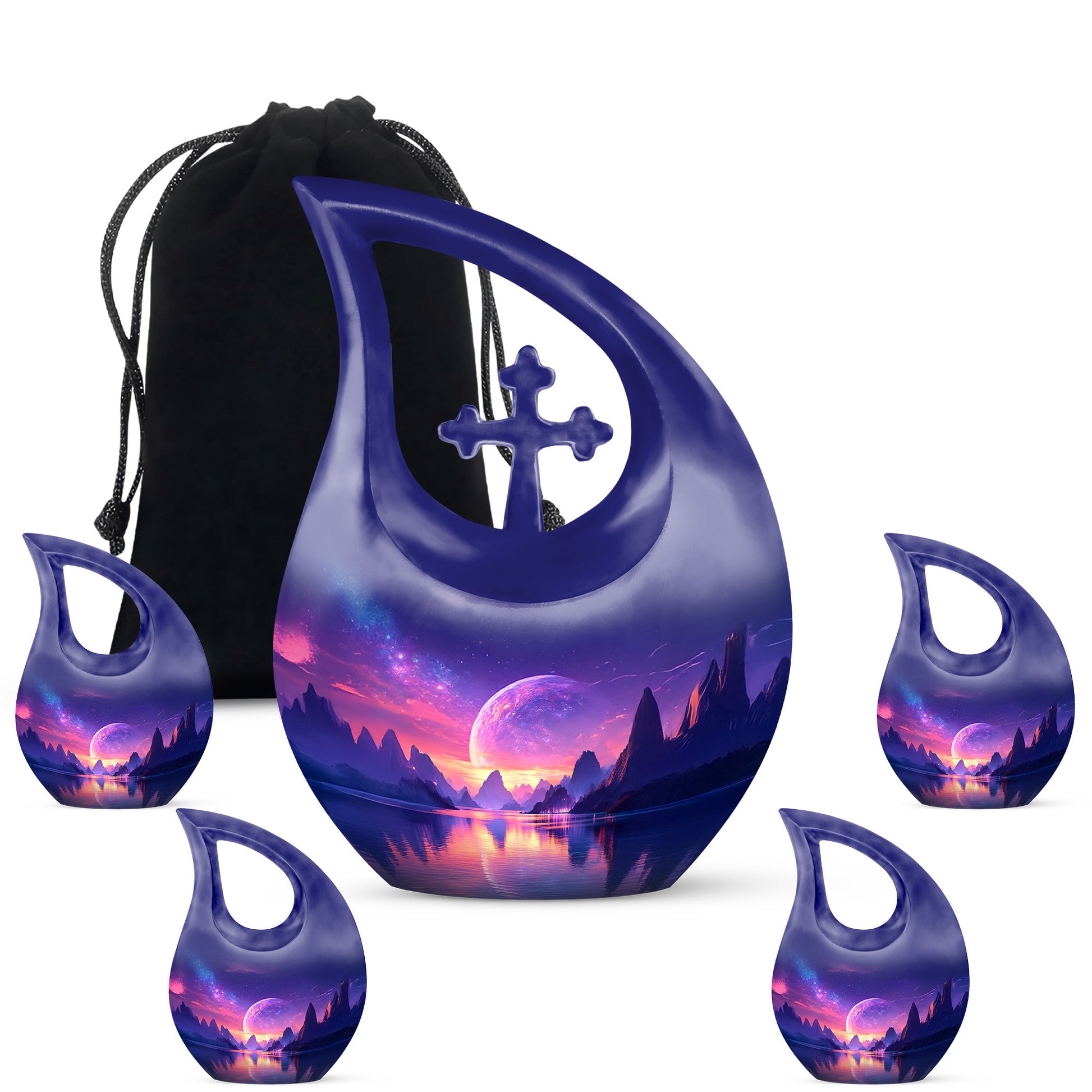 Powder Blue Galaxy Cremation Urn urn with complimentary velvet bag - sacred cross merged with galaxy motif on metal - memorial set with one large and four small urns