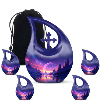 Powder Blue Galaxy Cremation Urn urn with complimentary velvet bag - sacred cross merged with galaxy motif on metal - memorial set with one large and four small urns
