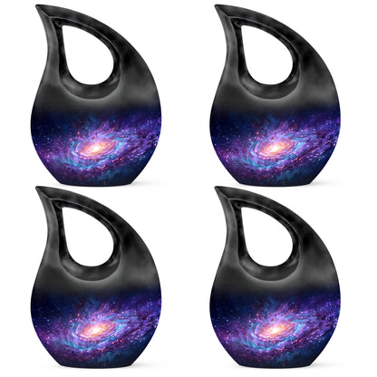 Bright Blue Galaxy Cremation Urn lifestyle display on memorial shelf - faith-inspired cross-drop urn with galaxy pattern - 10 inch aluminum urn for cremated remains