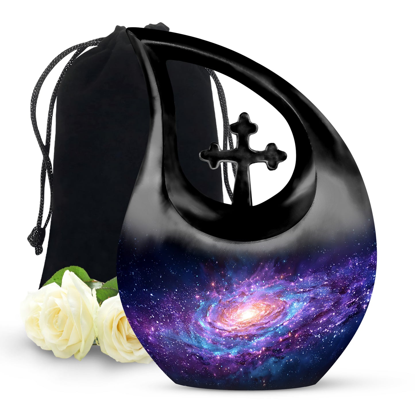 Soft Blue Galaxy Cremation Urn top-down view of secure threaded lid - devotional cross-drop galaxy engraving - full-size 10 inch 200 cubic inch adult cremation urn