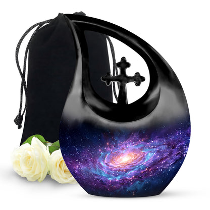 Soft Blue Galaxy Cremation Urn top-down view of secure threaded lid - devotional cross-drop galaxy engraving - full-size 10 inch 200 cubic inch adult cremation urn