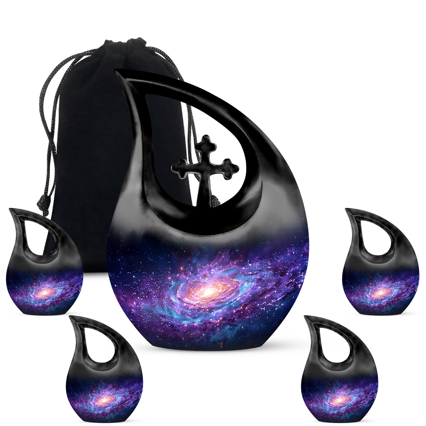 Vivid Blue Galaxy Cremation Urn urn with complimentary velvet bag - devotional cross-drop galaxy engraving - memorial set with one large and four small urns