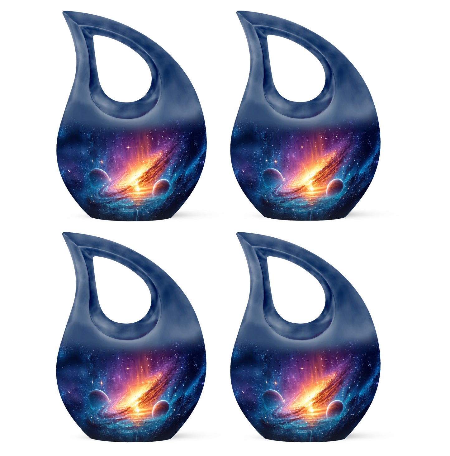 Twilight Blue Galaxy Cremation Urn lifestyle display on memorial shelf - devotional cross-drop galaxy engraving - 10 inch aluminum urn for cremated remains
