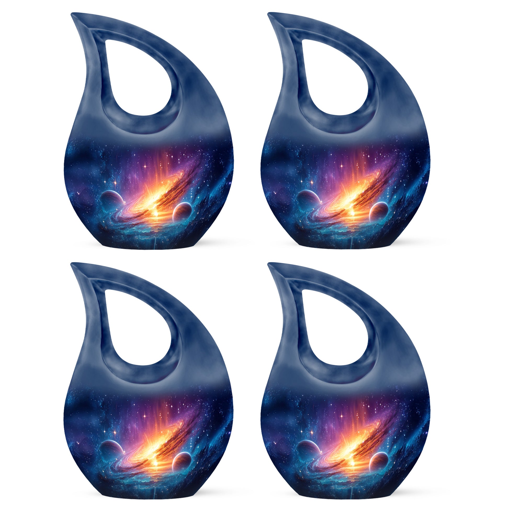 Twilight Blue Galaxy Cremation Urn lifestyle display on memorial shelf - devotional cross-drop galaxy engraving - 10 inch aluminum urn for cremated remains