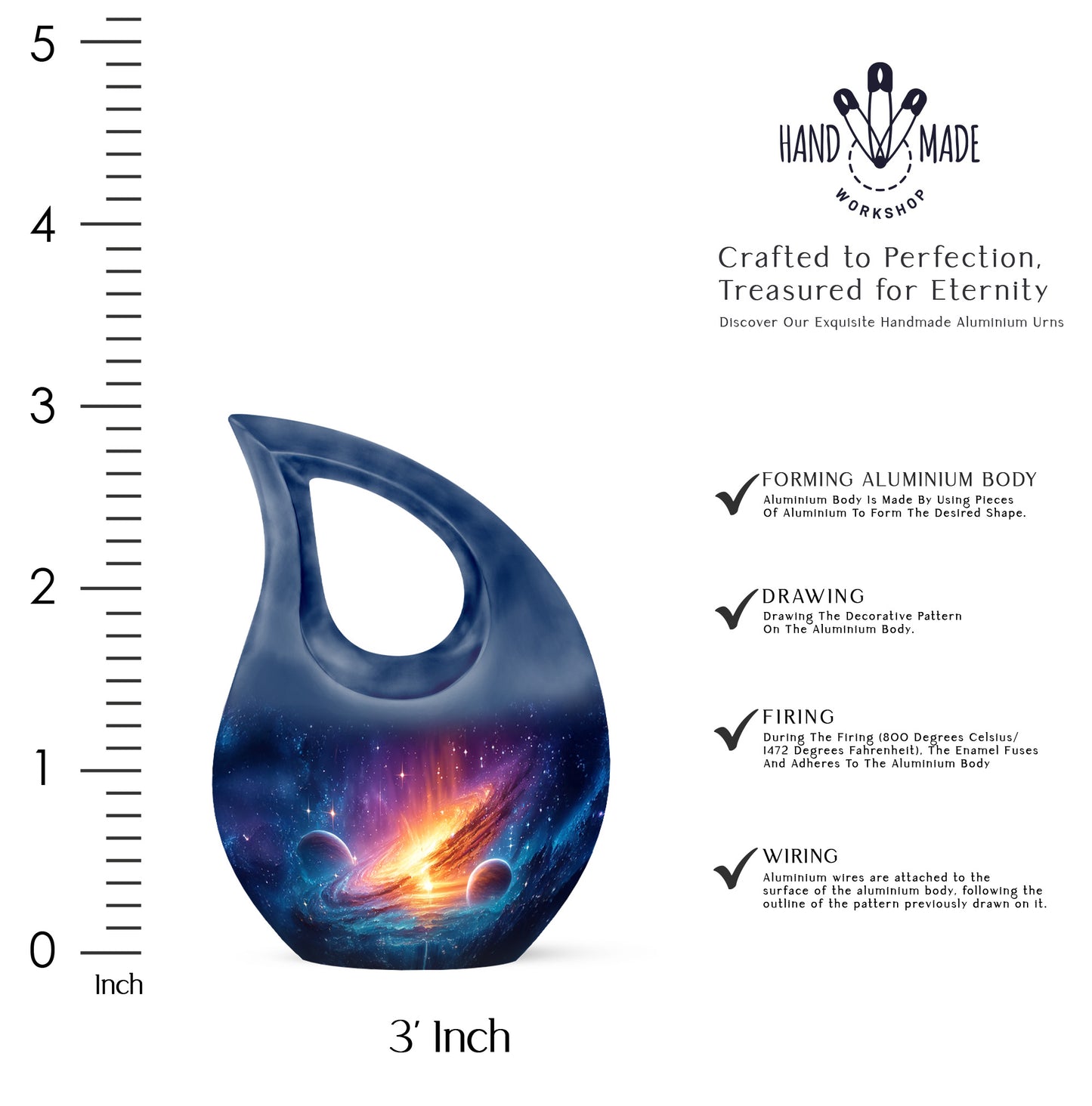 Azure Galaxy Cremation Urn back view with polished surface - cross and galaxy combined in spiritual memorial design - mini keepsake memorial for portion of cremation ashes
