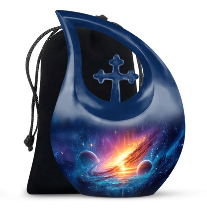 Dusty Blue Galaxy Cremation Urn top-down view of secure threaded lid - sacred cross merged with galaxy motif on metal - full-size 10 inch 200 cubic inch adult cremation urn
