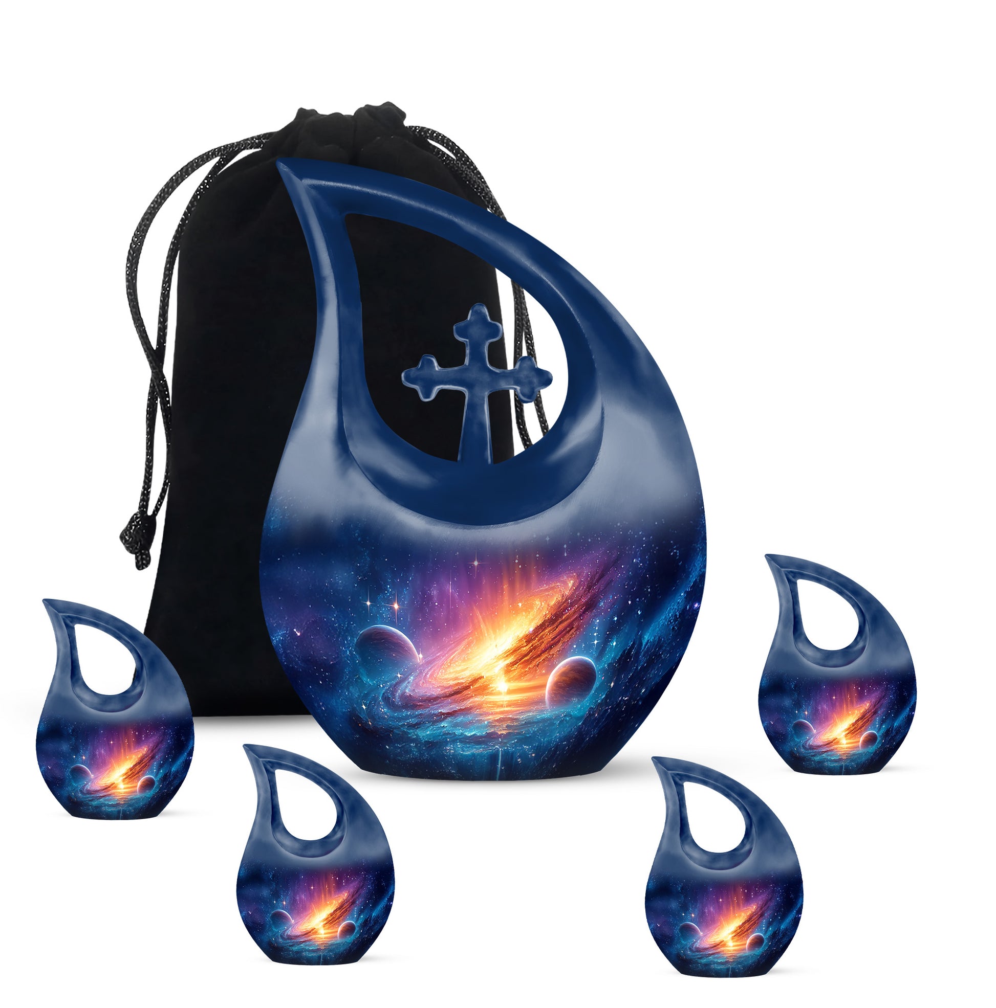 Indigo Galaxy Cremation Urn urn with complimentary velvet bag - sacred cross merged with galaxy motif on metal - memorial set with one large and four small urns