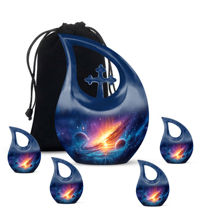 Indigo Galaxy Cremation Urn urn with complimentary velvet bag - sacred cross merged with galaxy motif on metal - memorial set with one large and four small urns