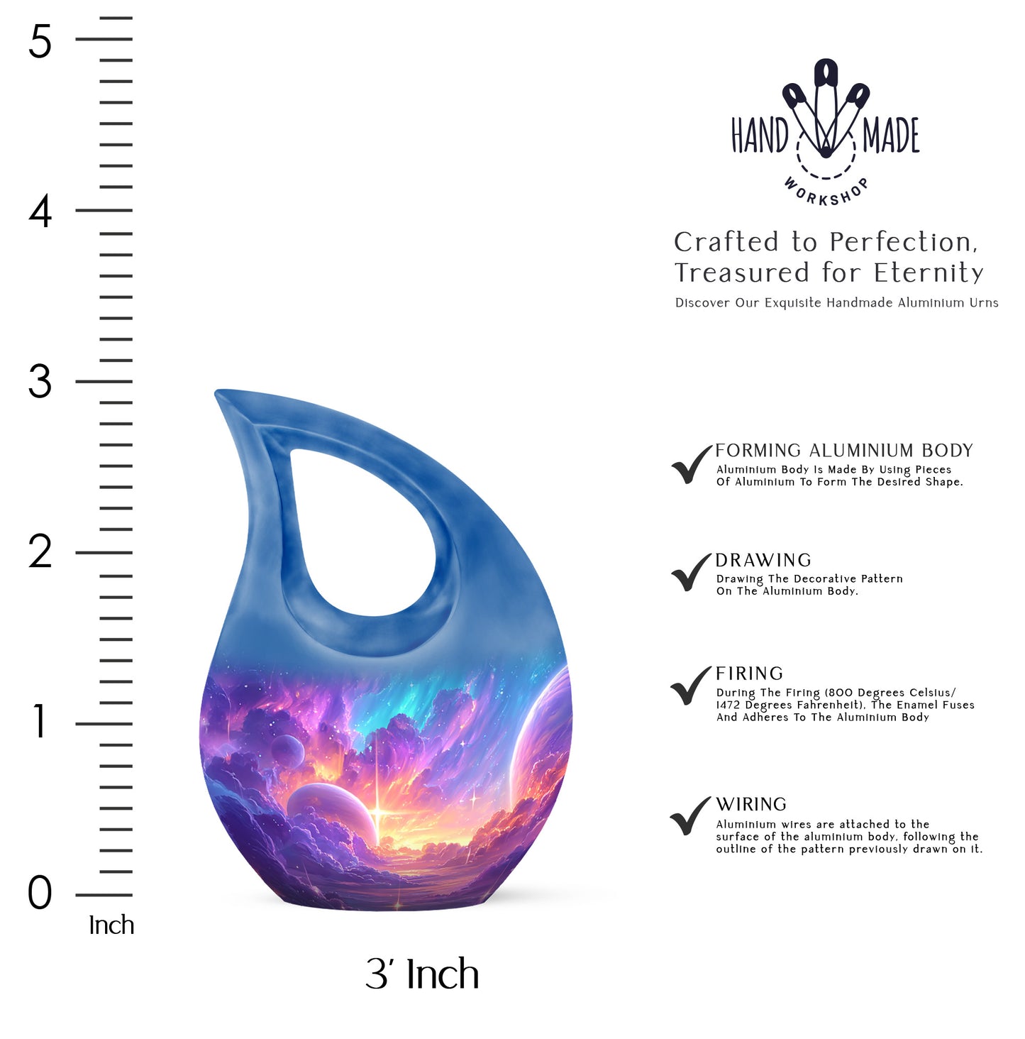 Twilight Purple Galaxy Cremation Urn back view with polished surface - faith-inspired cross-drop urn with galaxy pattern - mini keepsake memorial for portion of cremation ashes