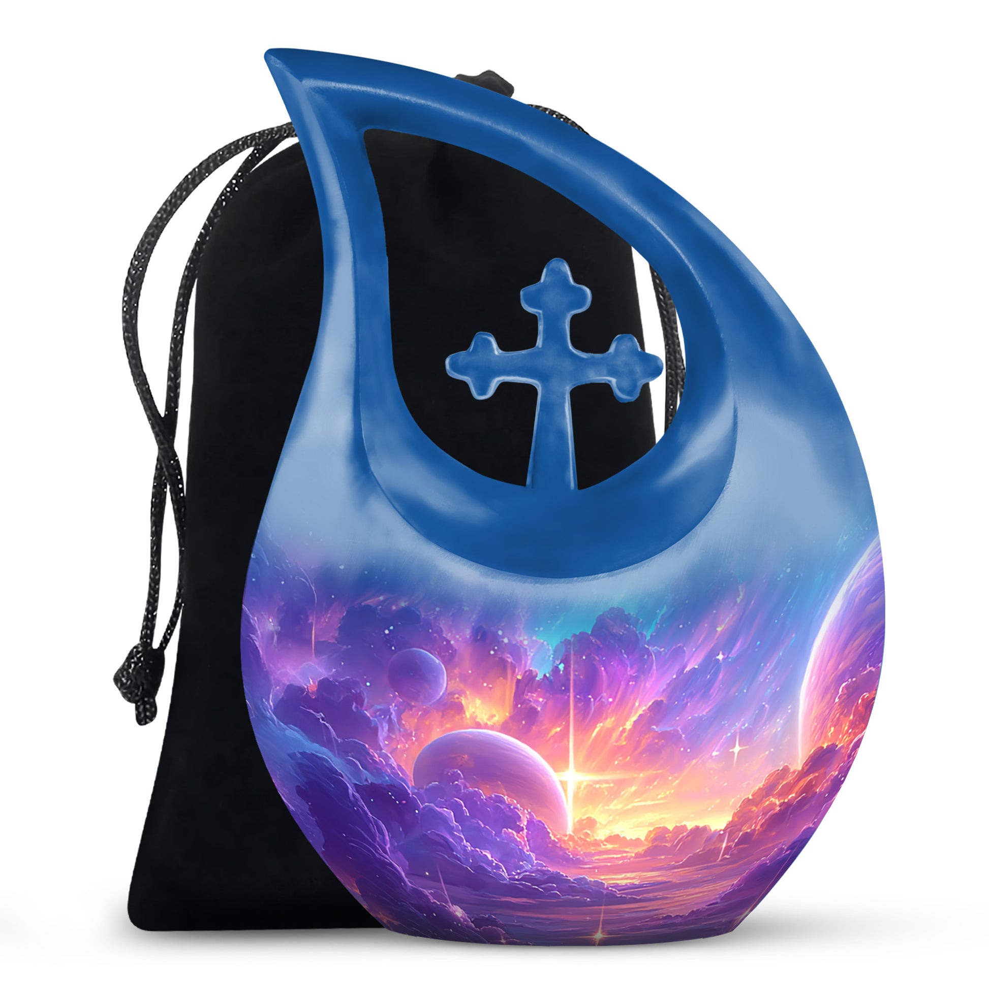 Majestic Purple Galaxy Cremation Urn top-down view of secure threaded lid - sacred cross merged with galaxy motif on metal - full-size 10 inch 200 cubic inch adult cremation urn