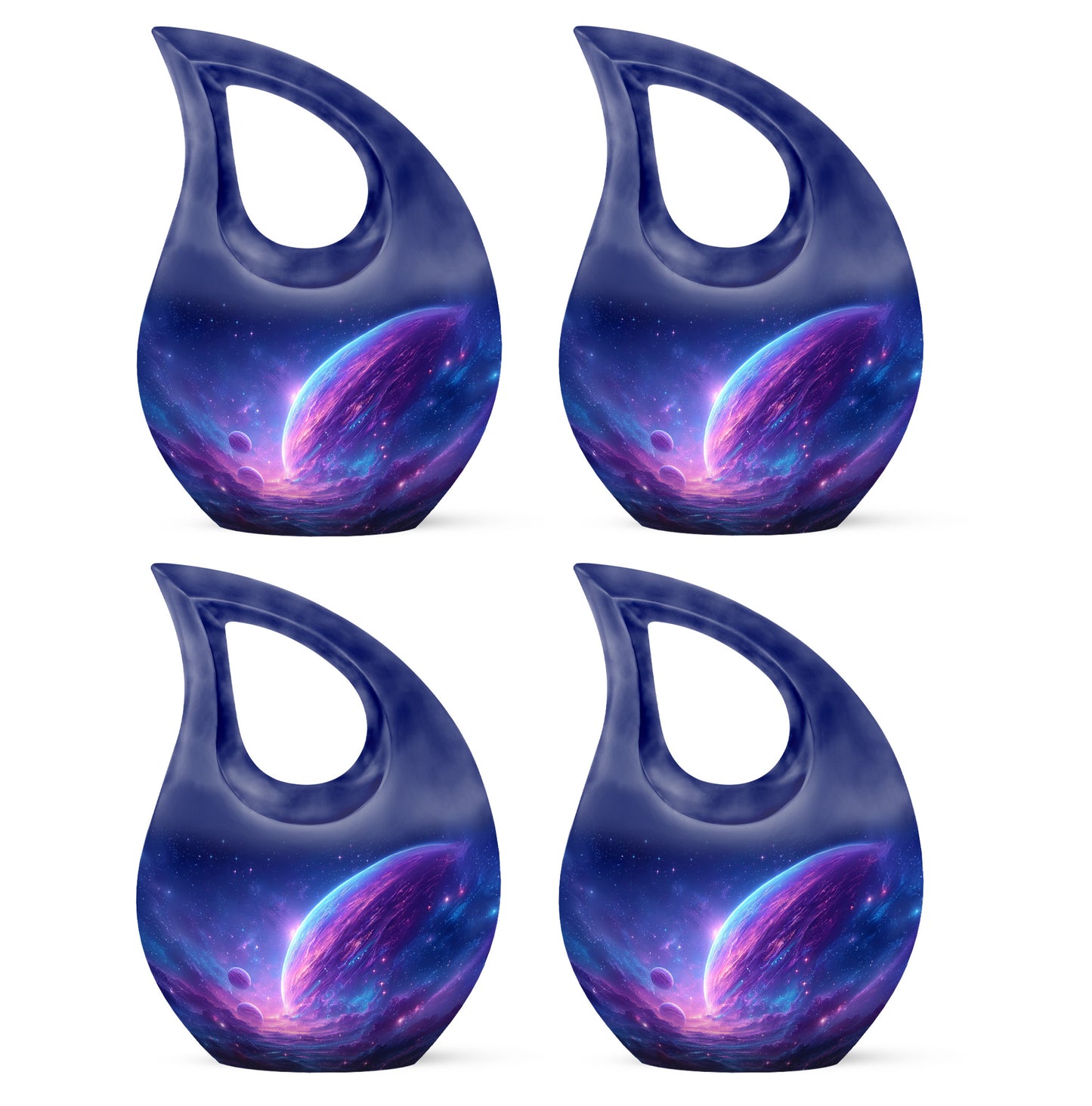 Icy Blue Galaxy Cremation Urn lifestyle display on memorial shelf - cross and galaxy combined in spiritual memorial design - 10 inch aluminum urn for cremated remains