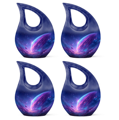 Icy Blue Galaxy Cremation Urn lifestyle display on memorial shelf - cross and galaxy combined in spiritual memorial design - 10 inch aluminum urn for cremated remains