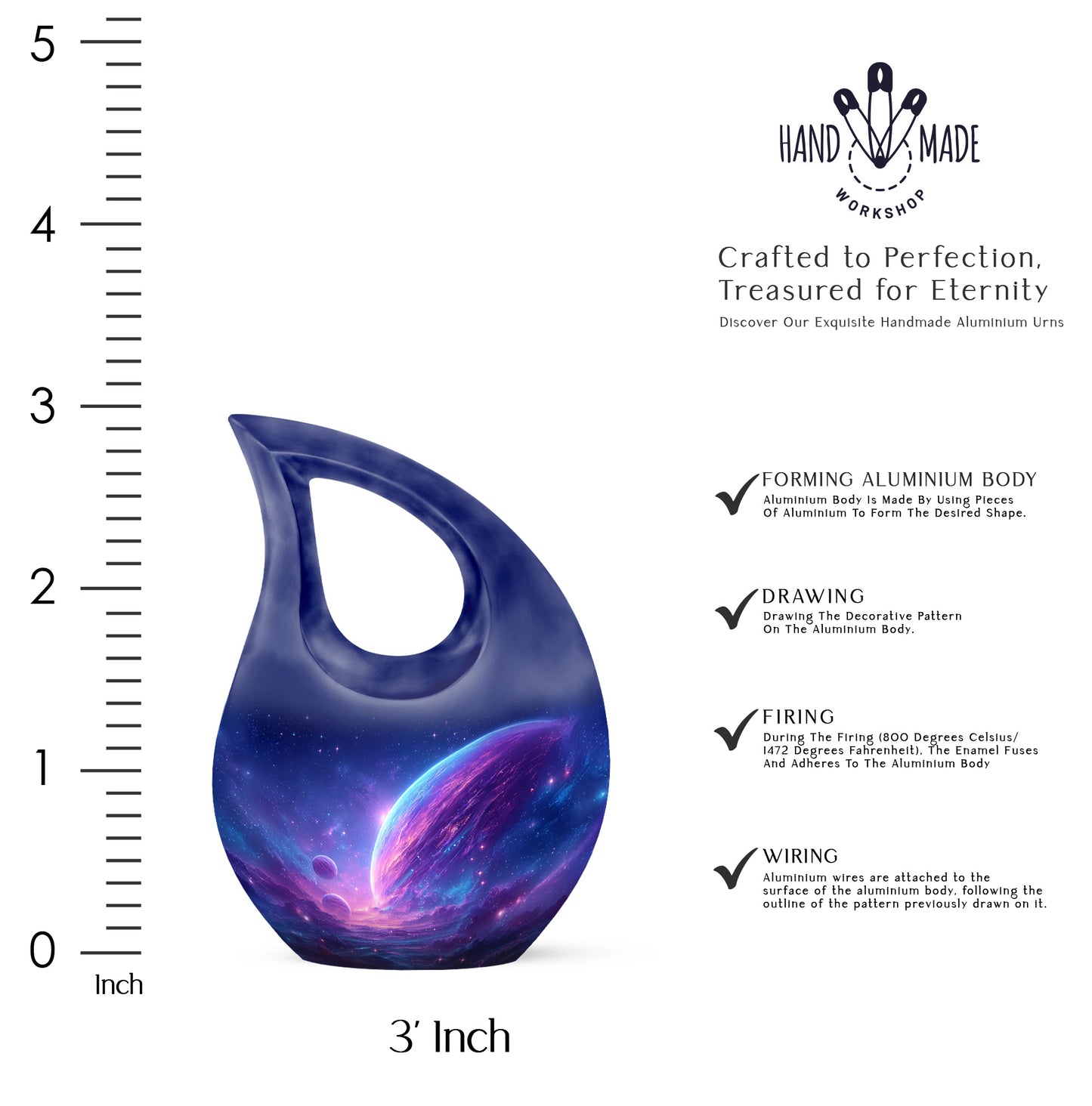 Calming Blue Galaxy Cremation Urn back view with polished surface - faith-inspired cross-drop urn with galaxy pattern - mini keepsake memorial for portion of cremation ashes