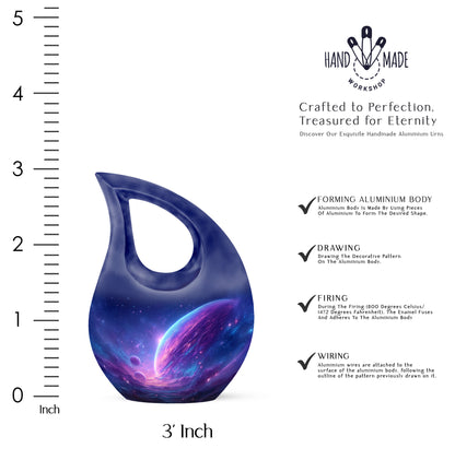 Calming Blue Galaxy Cremation Urn back view with polished surface - faith-inspired cross-drop urn with galaxy pattern - mini keepsake memorial for portion of cremation ashes