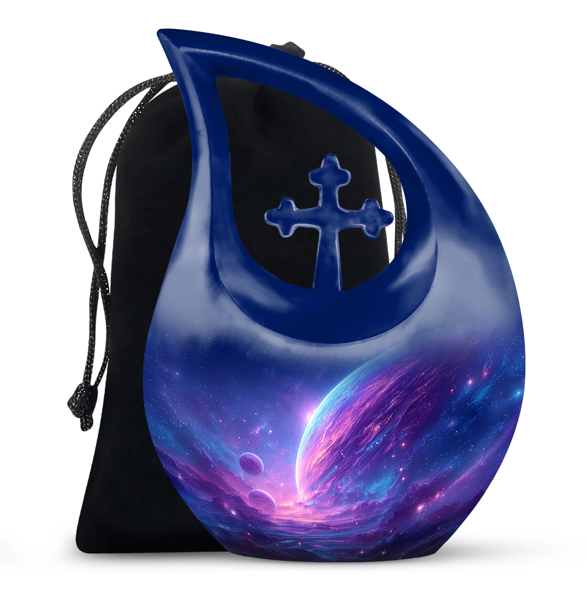 Slate Blue Galaxy Cremation Urn top-down view of secure threaded lid - sacred cross merged with galaxy motif on metal - full-size 10 inch 200 cubic inch adult cremation urn