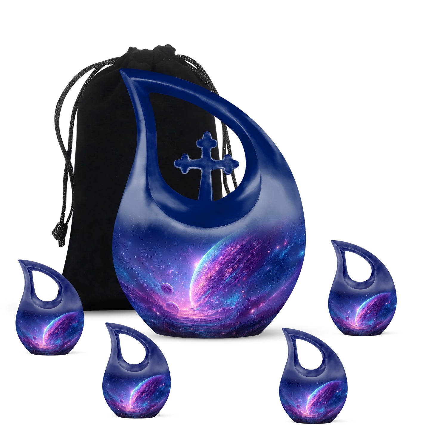 Azure Galaxy Cremation Urn urn with complimentary velvet bag - cross and galaxy combined in spiritual memorial design - memorial set with one large and four small urns