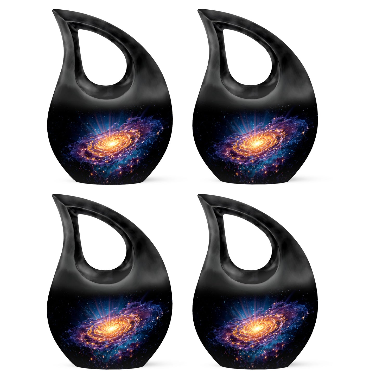 Ebony Galaxy Cremation Urn lifestyle display on memorial shelf - cross and galaxy combined in spiritual memorial design - 10 inch aluminum urn for cremated remains