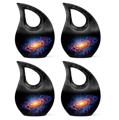 Ebony Galaxy Cremation Urn lifestyle display on memorial shelf - cross and galaxy combined in spiritual memorial design - 10 inch aluminum urn for cremated remains