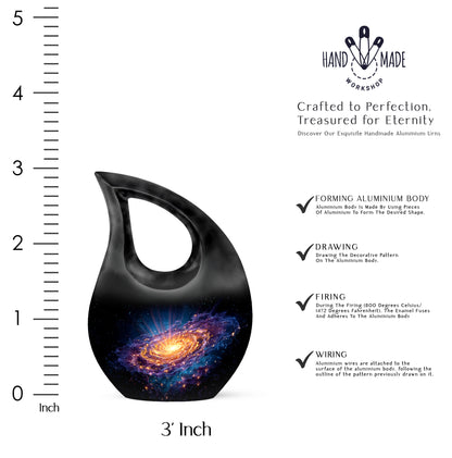 Rich Black Galaxy Cremation Urn back view with polished surface - sacred cross merged with galaxy motif on metal - mini keepsake memorial for portion of cremation ashes