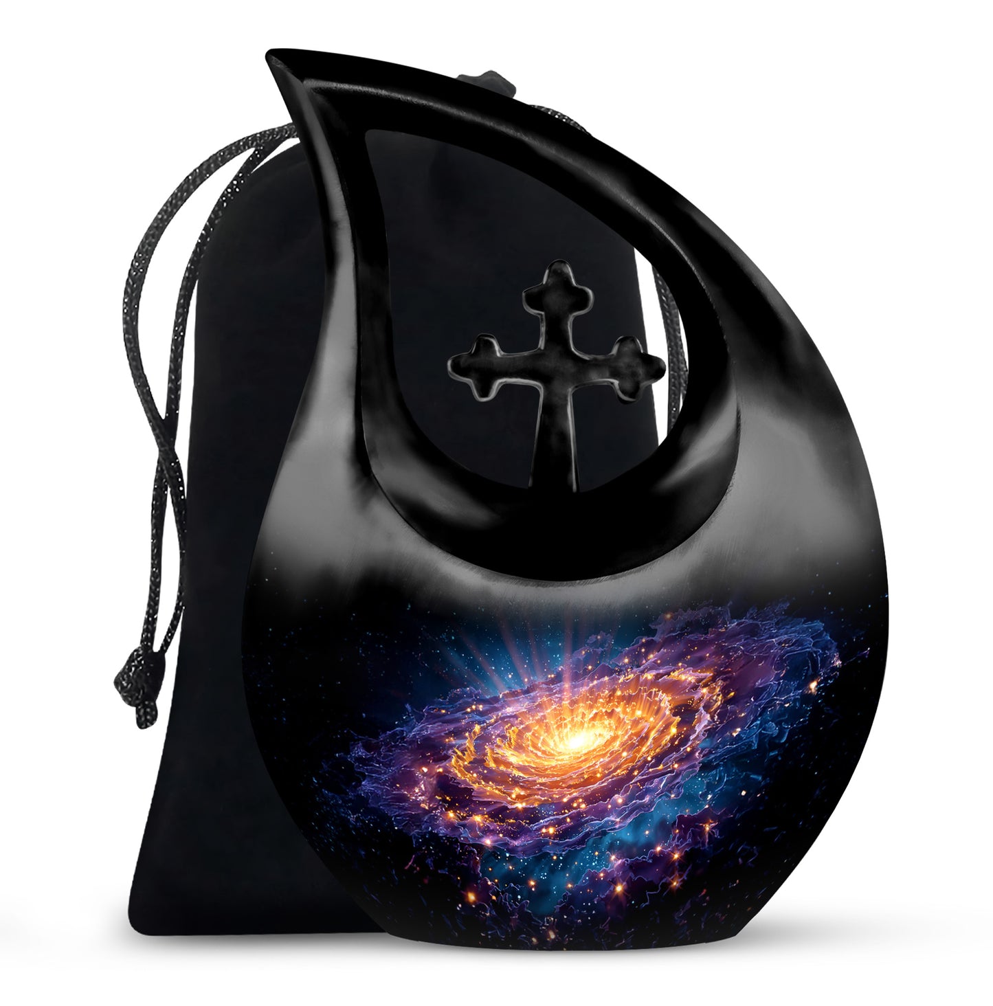 Glossy Black Galaxy Cremation Urn top-down view of secure threaded lid - cross and galaxy combined in spiritual memorial design - full-size 10 inch 200 cubic inch adult cremation urn