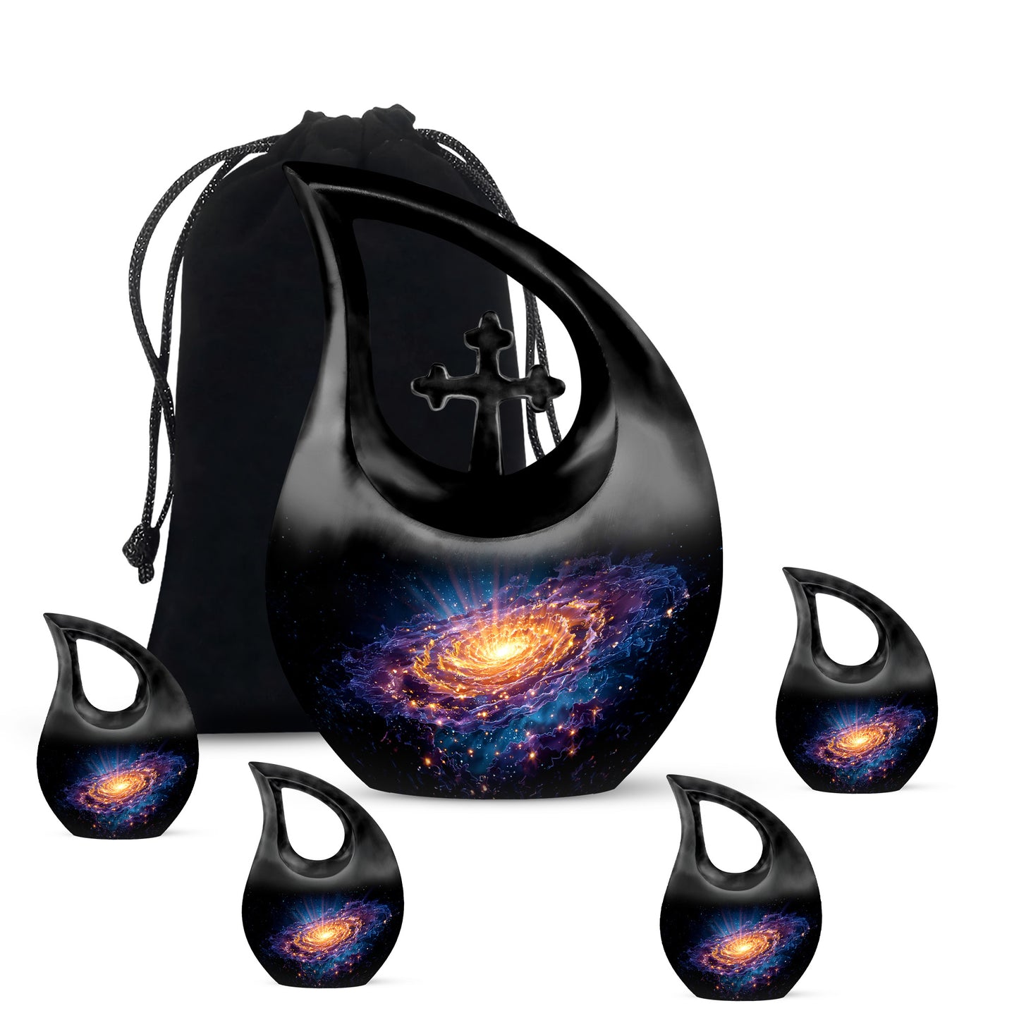 Glossy Black Galaxy Cremation Urn urn with complimentary velvet bag - sacred cross merged with galaxy motif on metal - memorial set with one large and four small urns