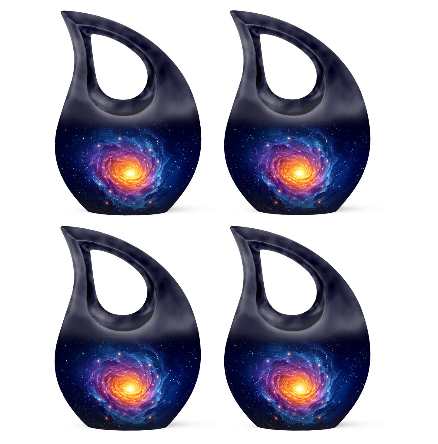 Powder Blue Galaxy Cremation Urn lifestyle display on memorial shelf - sacred cross merged with galaxy motif on metal - 10 inch aluminum urn for cremated remains