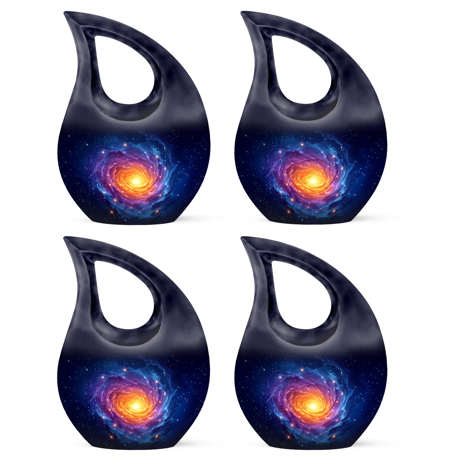Powder Blue Galaxy Cremation Urn lifestyle display on memorial shelf - sacred cross merged with galaxy motif on metal - 10 inch aluminum urn for cremated remains