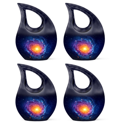 Powder Blue Galaxy Cremation Urn lifestyle display on memorial shelf - sacred cross merged with galaxy motif on metal - 10 inch aluminum urn for cremated remains
