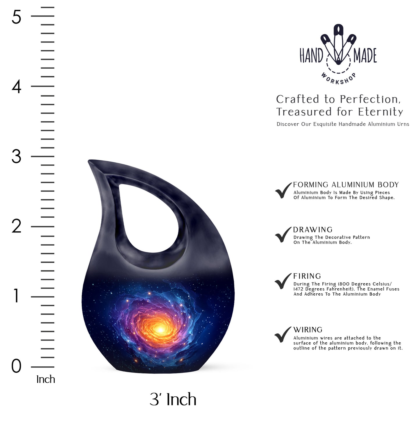 Navy Blue Galaxy Cremation Urn back view with polished surface - sacred cross merged with galaxy motif on metal - mini keepsake memorial for portion of cremation ashes