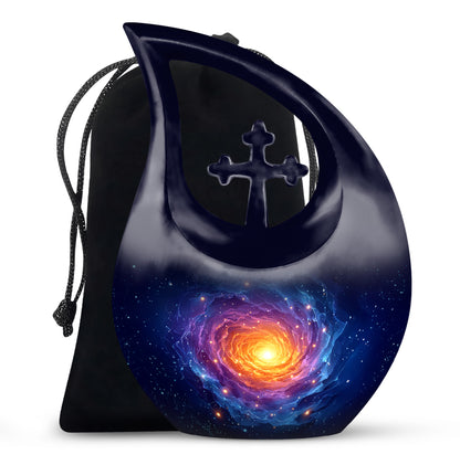 Pastel Blue Galaxy Cremation Urn top-down view of secure threaded lid - sacred cross merged with galaxy motif on metal - full-size 10 inch 200 cubic inch adult cremation urn